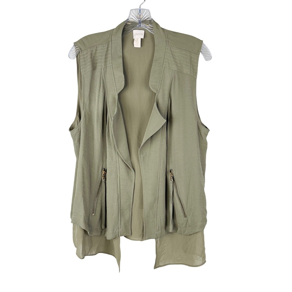 Chicos Olive‎ Green Open Front Vest Size Large Layered Zipper Pockets Utility